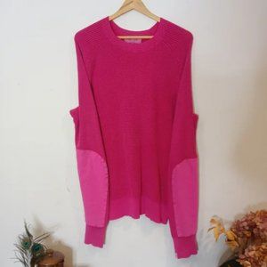 Rag & Bone Pink Fuschia Cotton Knit Denim Sleeve Sweater Sz M